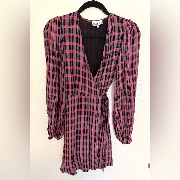 Ganni Georgette Plaid Check Mini Wrap Dress - Picture 3 of 7